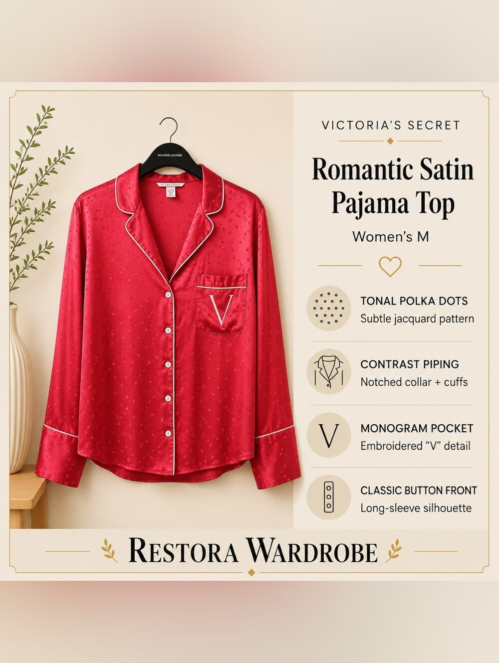 Victoria's Secret Romantic Red Satin Pajama Top Polka Dot Monogram Pocket M